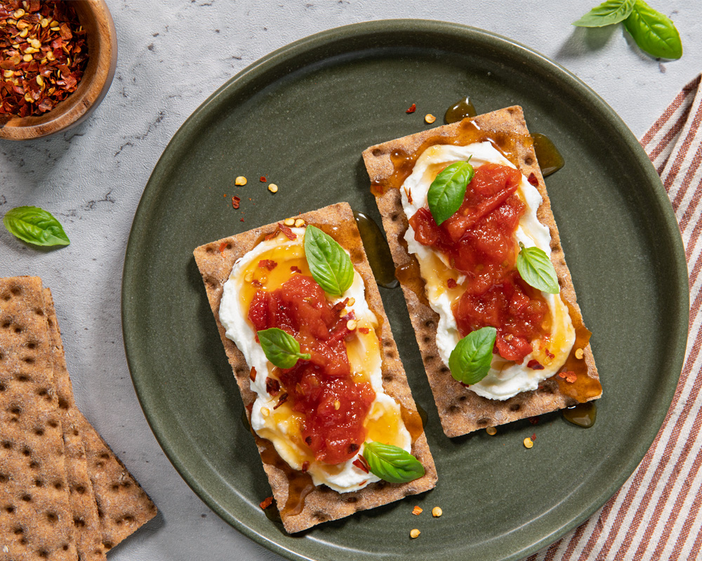 Wasa Sourdough Crackers Homemade Tomato Jam with Goat Cheese