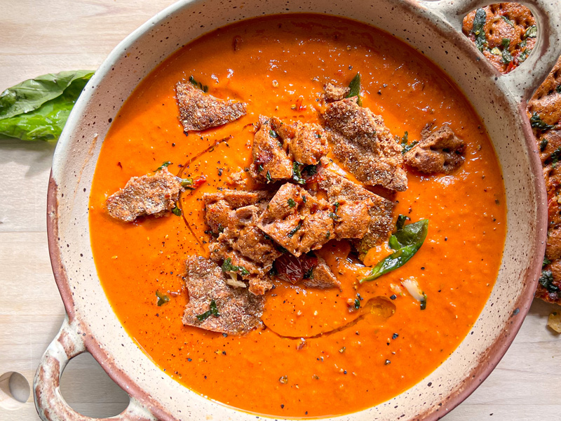 Tomato Soup Recipe with Garlic Bread Crisps