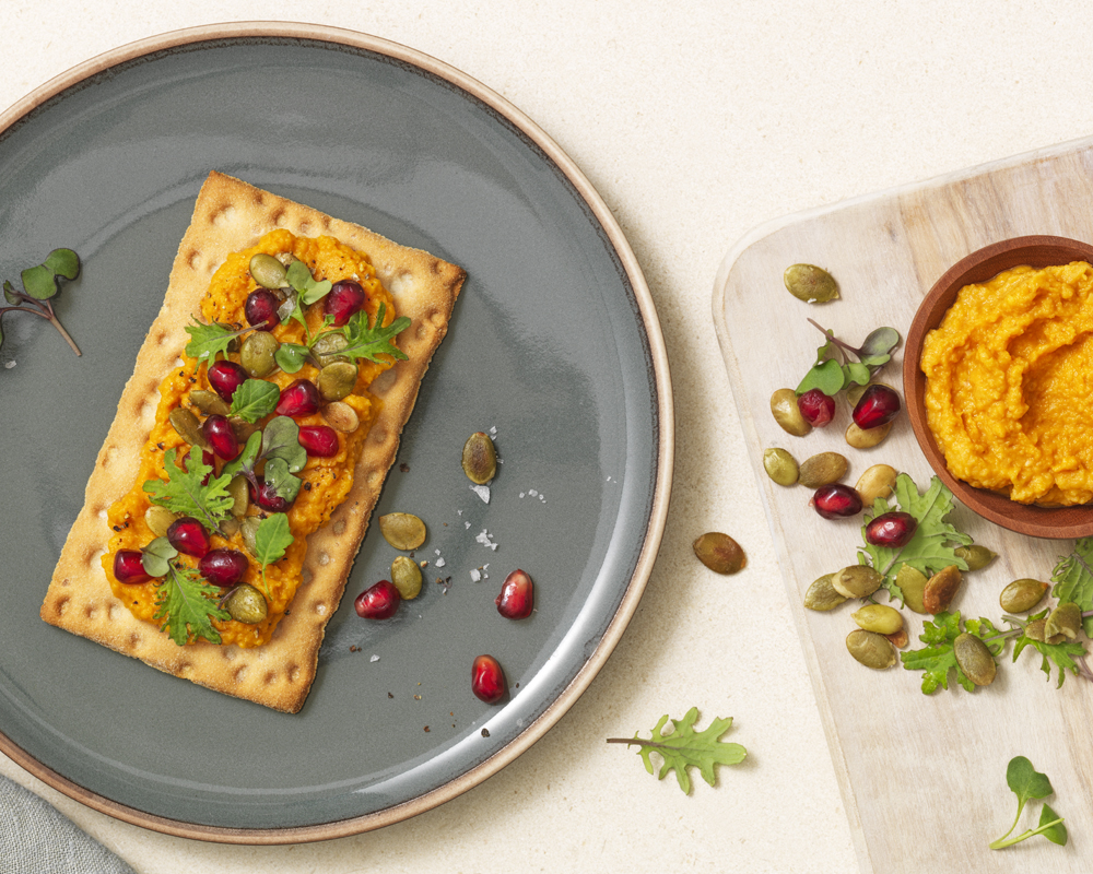 Roasted Carrot Hummus on Wasa Gluten Free Crackers
