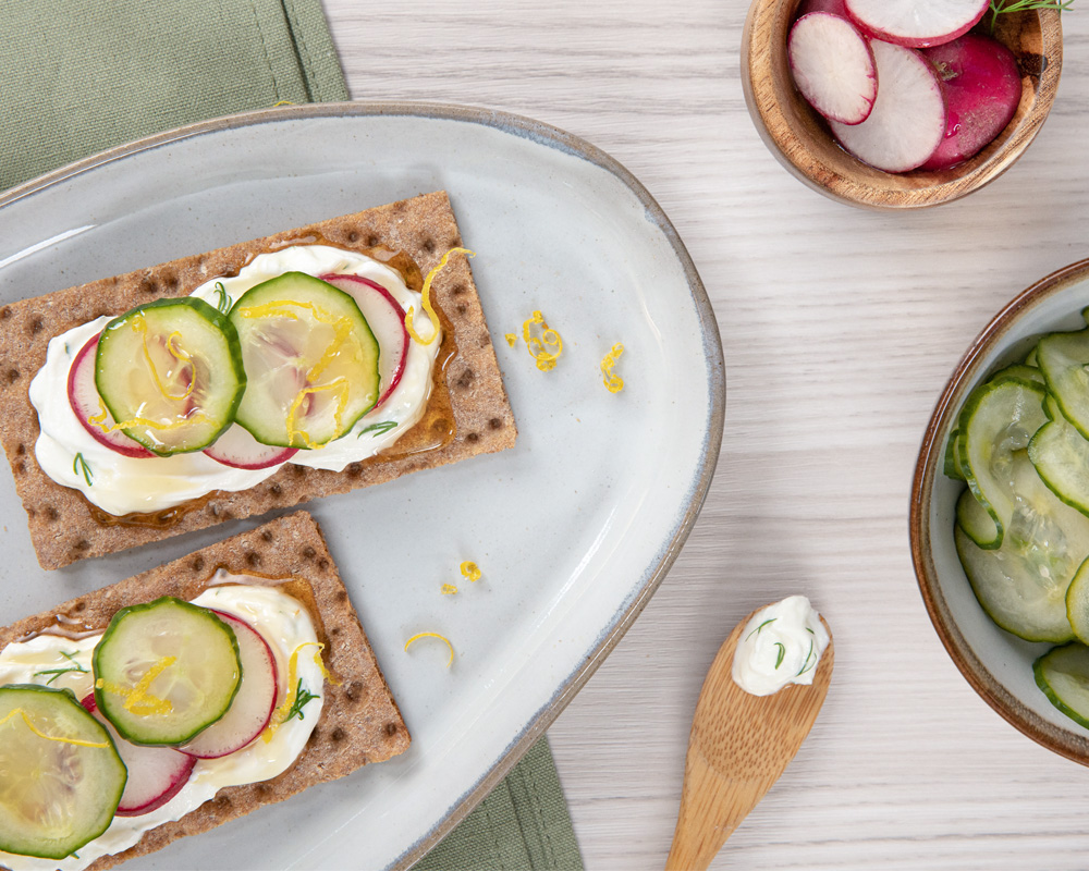 Wasa sourdough crackers with pickles, yogurt, and radish