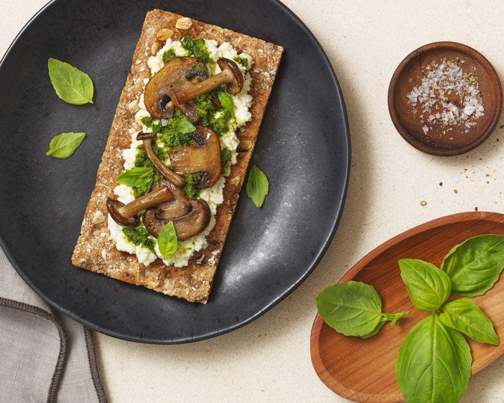 Baked Goat Cheese, Mushrooms, Basil Pesto Multi Grain Crackers