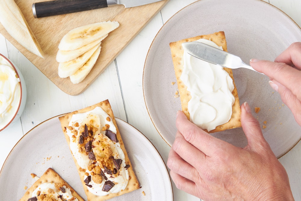 Yogurt Banana Peanut Butter Crumble on Gluten Free Wasa Crackers