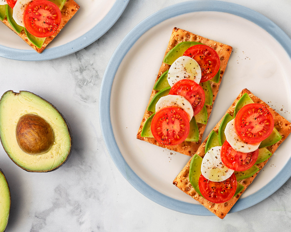 Gluten Free crackers Caprese Salad Avocado Toast