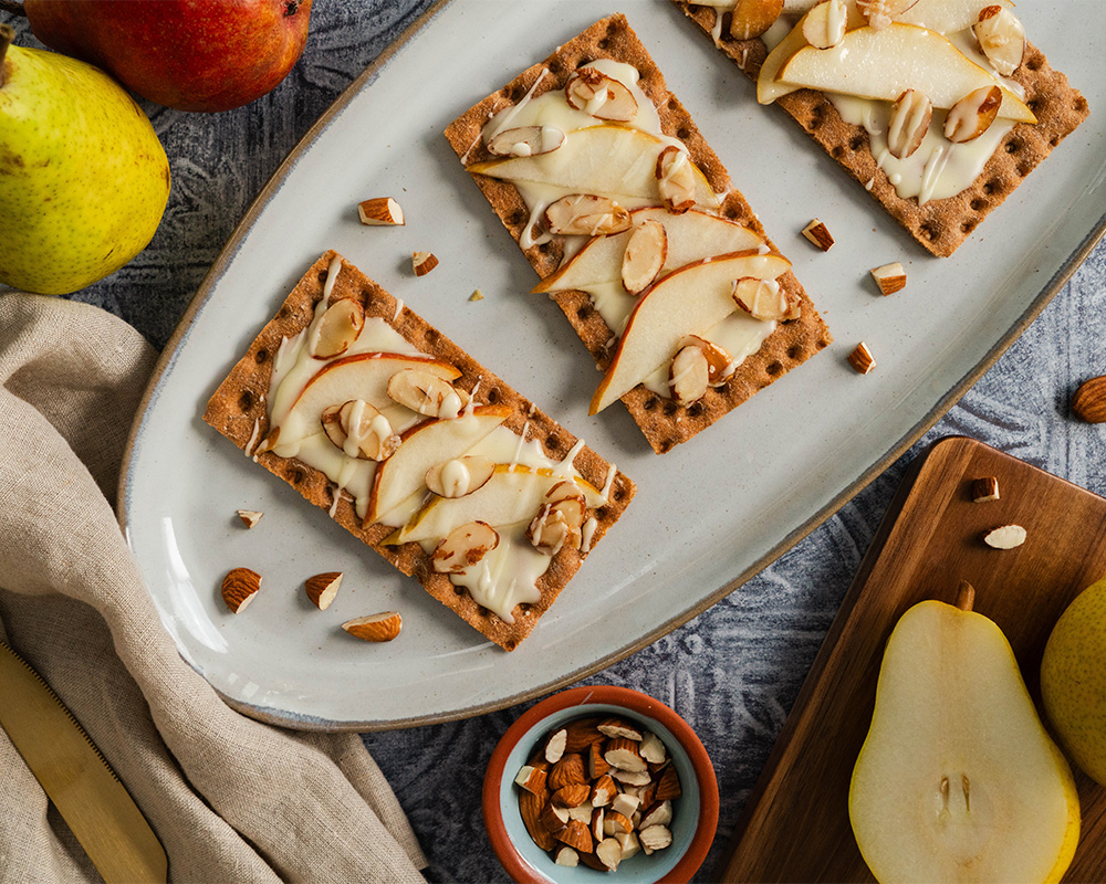 Wasa Sourdough crackers homemade eggnog with glazed pears