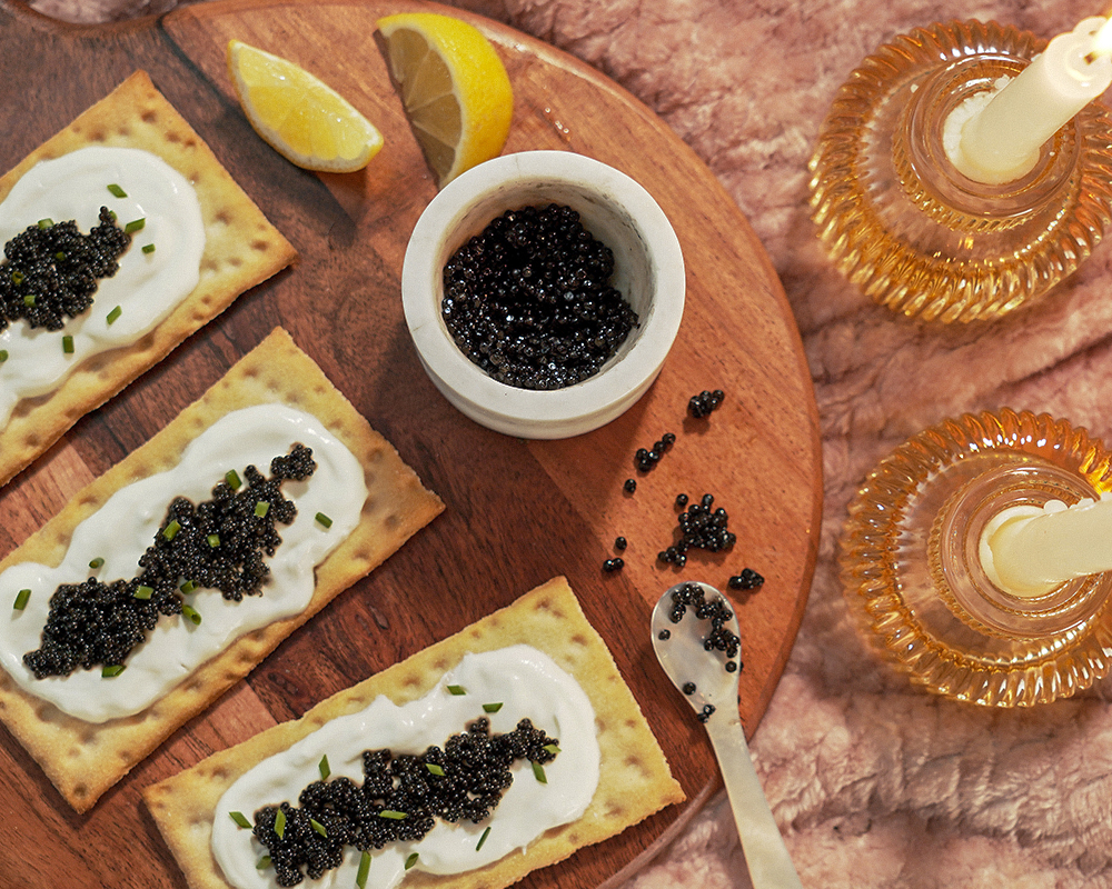 Caviar with Greek Yogurt, chives Wasa Gluten Free Crackers