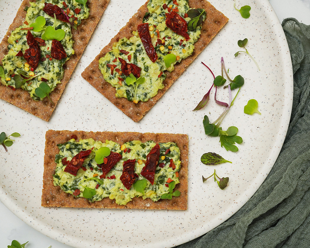 Homemade Cottage Cheese Pesto recipe on Wasa Sourdough Crackers
