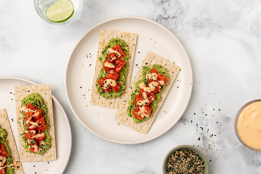 Salmon Poke with Spicy May on Wasa Thins Sesame Sea Salt Cracker