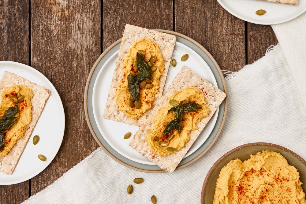 Pumpkin Hummus Wasa Light Rye Cracker with Air Fried Sage Leaves