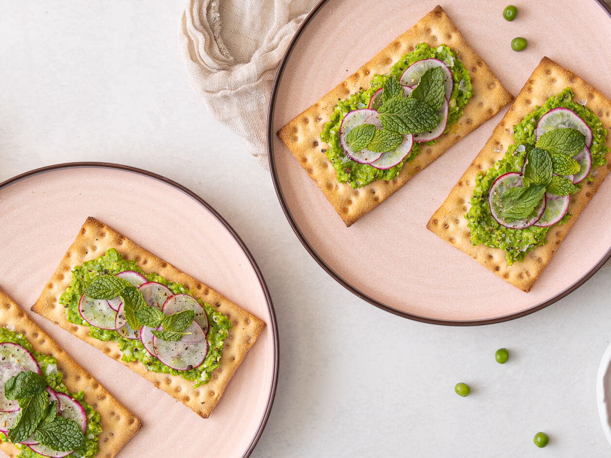 Mashed Peas, Lemon & Radishes on Wasa Gluten Free Crackers