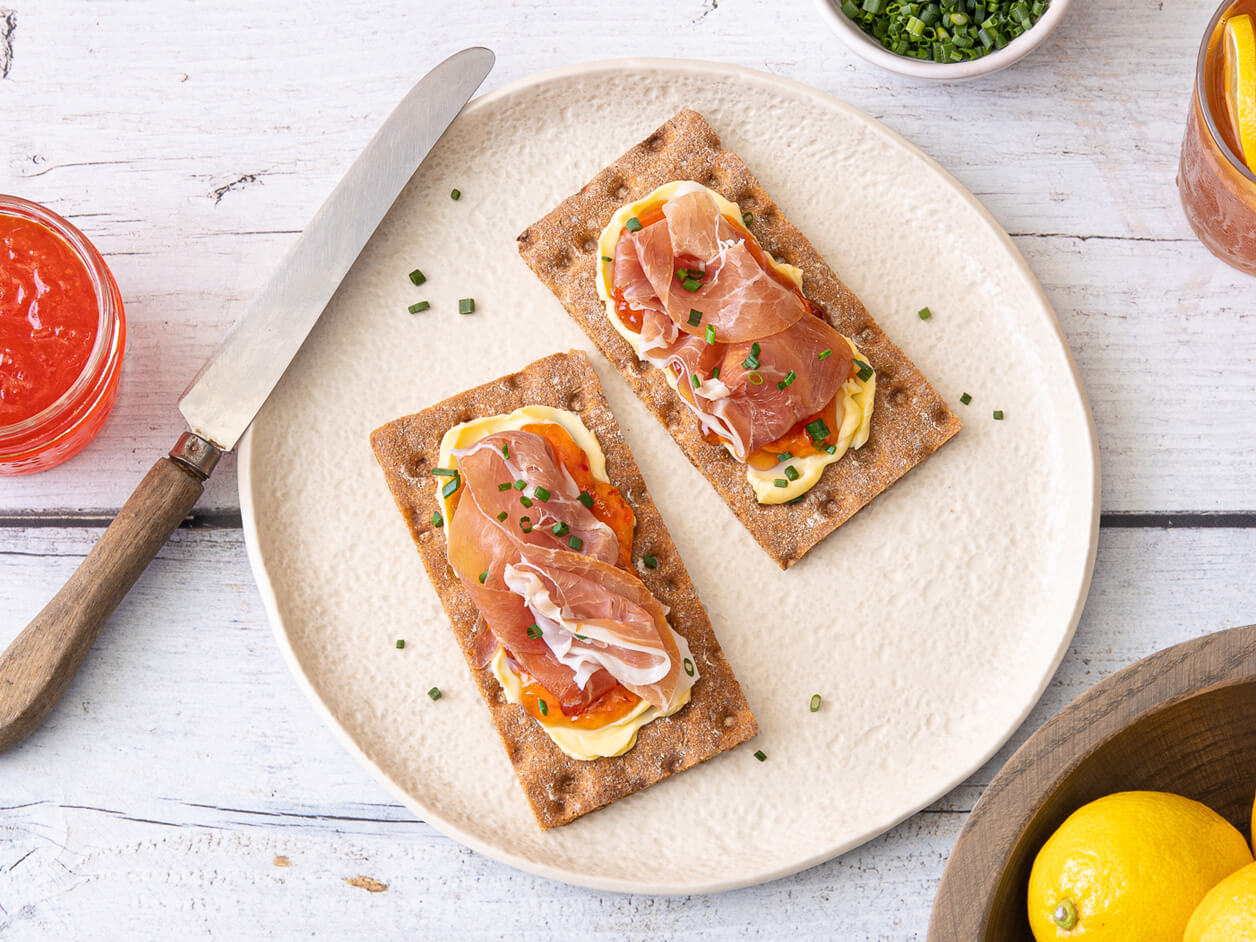 Wasa Whole Grain Cracker Irish Butter, Pepper Jelly, &Prosciutto